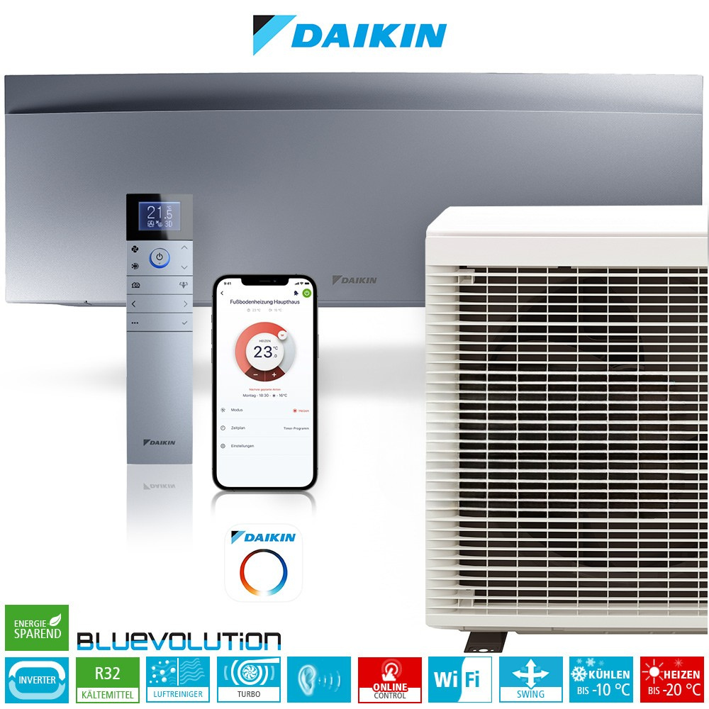 Daikin Emura 3 FTXJ50AS R32 WiFi Inverter Single-Split Wandklimageräte-Set – Zilver – 5,3 kW