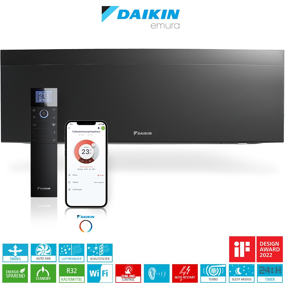 Daikin Emura 3 FTXJ50AB R32 WiFi Inverter Singlesplit Klimageräte-Set, Mattschwarz - 5,3 kW