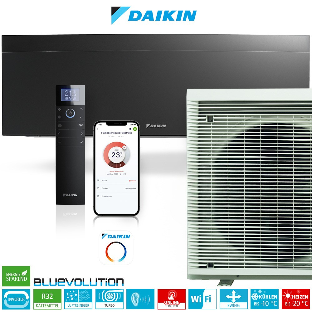 Daikin Emura 3 FTXJ50AB R32 WiFi Inverter Singlesplit Klimageräte-Set, Mattschwarz - 5,3 kW